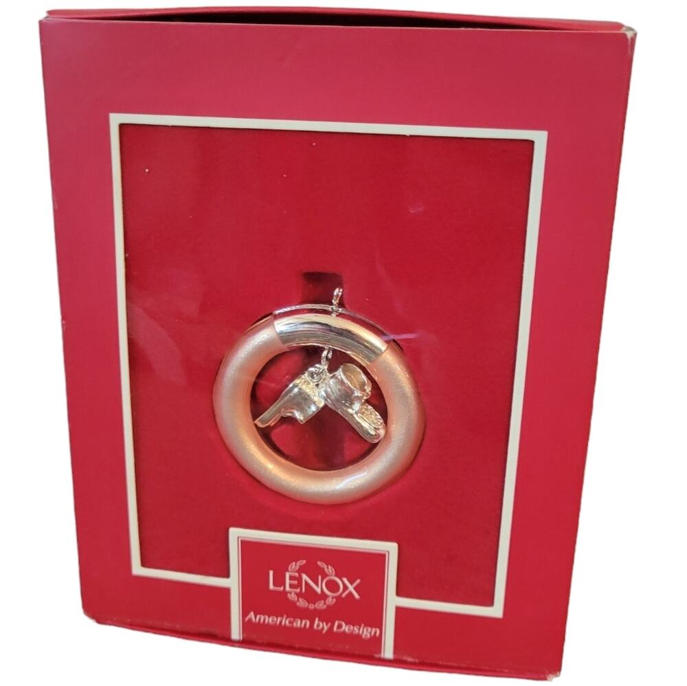 Lenox Baby Girl Christmas Ornament Pink Silverplated Ring Baby Shoes
